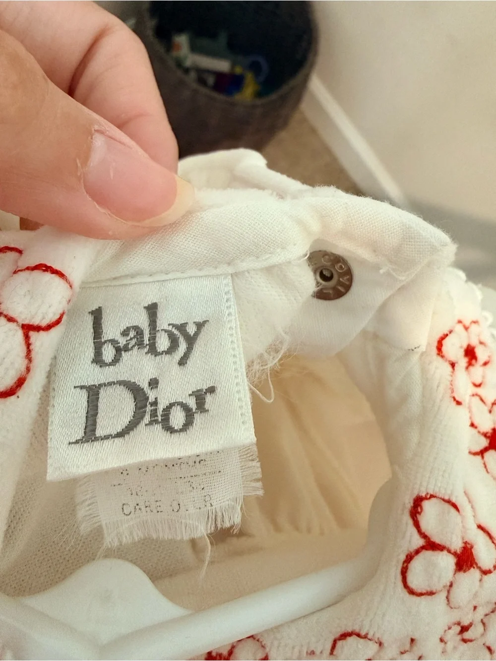 Baby Dior Cream Baby Romper with Red Floral Embroidered Collar